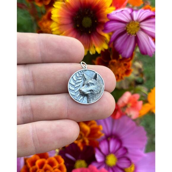 Sterling Silver Fox and Fern Charm, Sterling Silver Fox and Fern Pendant - Picture 1 of 5